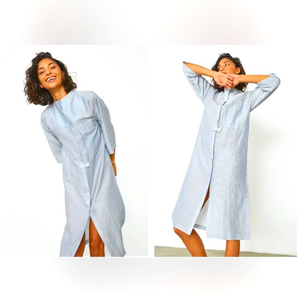 Lunya Linen Silk Long Tunic Robe Striped White Blue